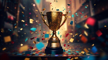 Shiny golden trophy cup with confetti, symbolizing victory and accomplishment.