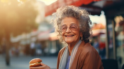 Cheerful elderly woman with glasses smiling while holding a hamburger in an urban setting during...