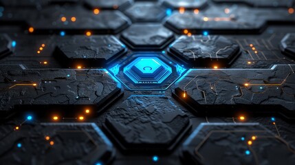 Obraz premium Close-up of Glowing Circuit Board with Blue Lights and Microchips - Technology Texture Background. Futuristic background.