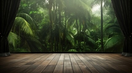 A serene view of a dense tropical rainforest from the comfort of a wooden-floored interior, blending nature with home. - obrazy, fototapety, plakaty
