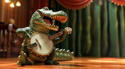 A gator playing the banjo and trying to sing but instead just letting out a series of hilarious croaks and causing the entire audience to burst into laughter at the talent - obrazy, fototapety, plakaty