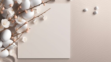 A minimalistic Easter setting with white eggs and delicate flowers on a textured background with copy space.