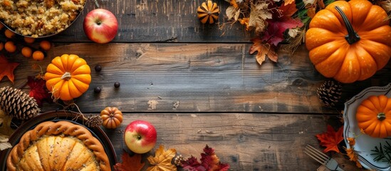 Autumn nature theme with pumpkins, apples, and Thanksgiving dinner on wooden table.