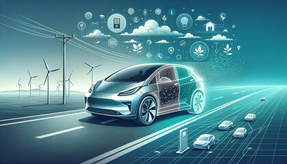 Dynamic EV Incentives: Futuristic 2D-3D image of a sleek electric car in motion, surrounded by charging station symbols, tax credit icons, and floating geometric shapes.