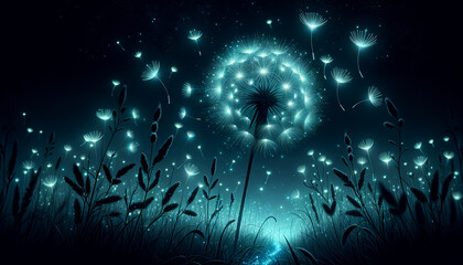 Luminous Serenity: Bioluminescent Dandelion Seeds in Midnight Meadow
