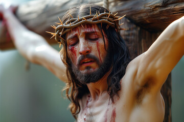 Jesus Christ on the cross, blood on the forehead from the crown of thorns, day of Christ's passion full of pain