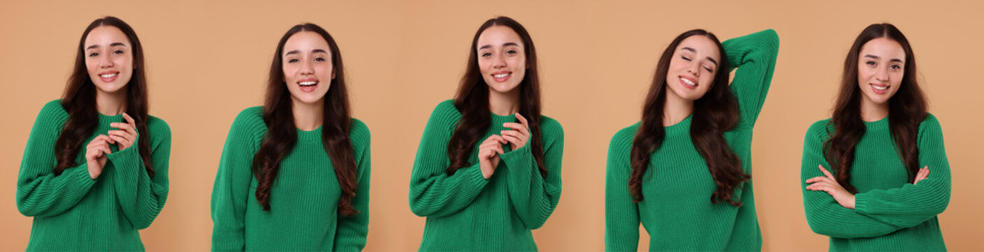 Happy woman in green sweater on beige background, set of photos