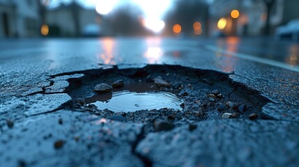 A road with a pot hole filled with water. 