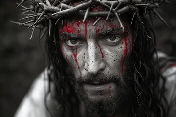 Portrait of Jesus of Nazareth on the cross, black and white photograph with splattered red blood on a sad Good Friday of Christ's passion