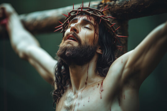 Jesus Christ On The Cross, Jesus Of Nazareth With The Crown Of Thorns, Suffering, Looking Towards The Sky