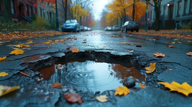 A road with a pot hole filled with water. 