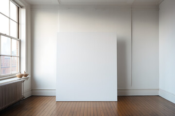  blank   white canvas poster mockup on white wall on a empty white room with big windows, poster mockup , wooden floor