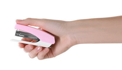 Woman holding pink stapler on white background, closeup