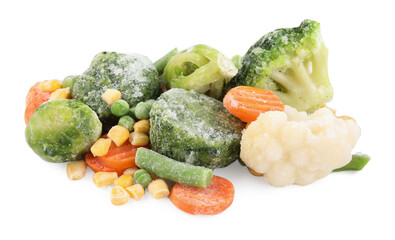 Mix of different frozen vegetables isolated on white