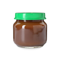 Baby food. Tasty healthy puree in jar isolated on white