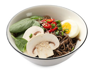 Tasty buckwheat noodles (soba) with chili pepper, egg, mushrooms and spinach in bowl isolated on white