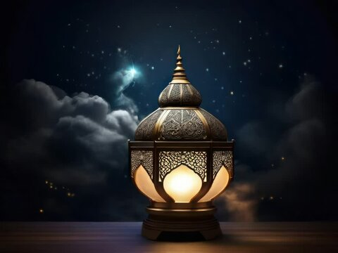Carved lantern lamp typical of the month of Ramadan. with a background of moving clouds and stars.