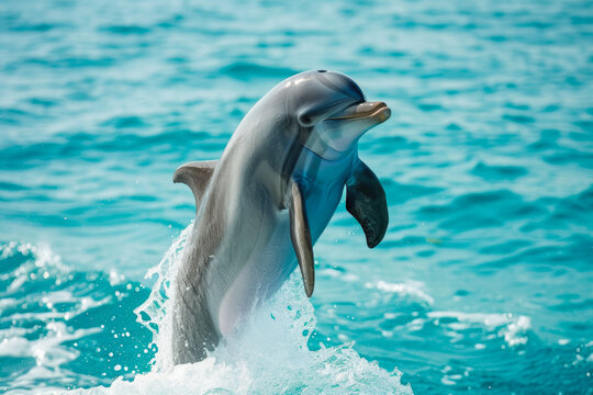 friendly dolphin jumping out of the water and smiling