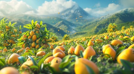 On a particularly windy day the mangoes on the peaks of Mango Mountain start rolling down causing chaos and amut for the fruitloving inhabitants of the valley below. - obrazy, fototapety, plakaty