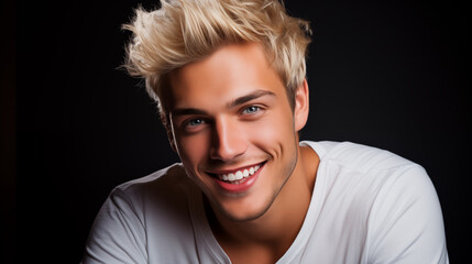 Handsome guy, very attractive young Caucasian male model with spiky blonde hair and blue eyes