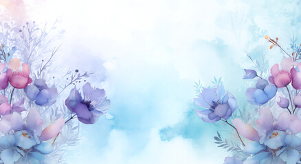Blue watercolor  background with wild flowers in the corner and space for text. Abstract, artistic brush stroke. Decorative