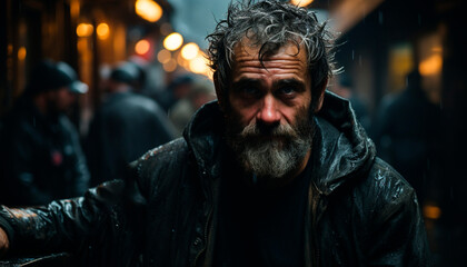A confident man, outdoors at night, looking at camera generated by AI