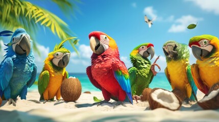 Cartoon scene A group of parrots sit on a beach with one parrot holding a coconut and exclaiming Why did the parrot bring a coconut to the show He wanted to make