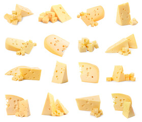 Fresh cheese isolated on white, set of pieces
