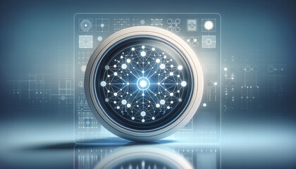 Minimalist digital interface with abstract neural network patterns on a cool blue background.