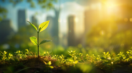 Morning sun shines to the seedling are growing from the rich soil with blurred building background. Development, Credit Carbon, Green business, finance and saving money for sustainability investment. - obrazy, fototapety, plakaty