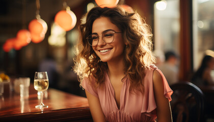 A beautiful woman enjoying a drink at a bar generated by AI