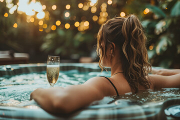 girl enjoying a glass of wine in a hot tub, with a look of contentment on her face