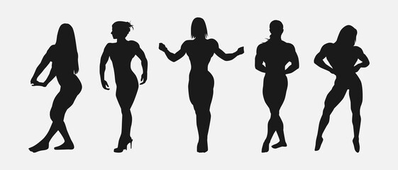 female bodybuilder silhouette set. different pose, action. isolated on white background. vector illustration.