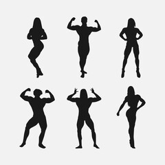female bodybuilder silhouette set. different pose, action. isolated on white background. vector illustration.