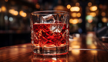 Nightclub bar counter, whiskey glass, ice, reflection, celebration, elegance generated by AI