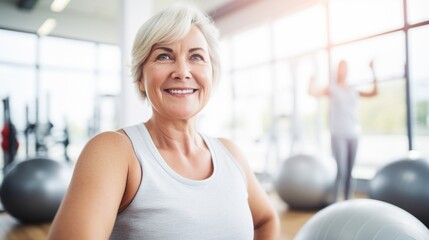 Joyful elderly woman with a bright smile engaging in fitness activities at a well-lit gym.