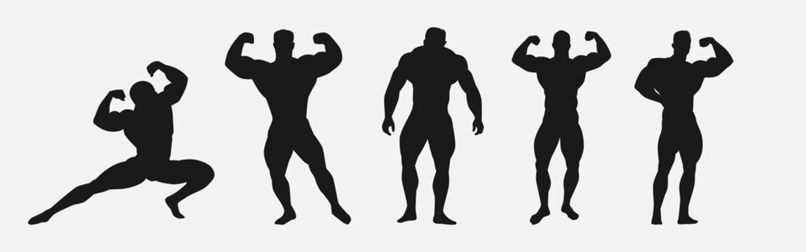 male bodybuilder silhouette set. different pose, action. isolated on white background. vector illustration.