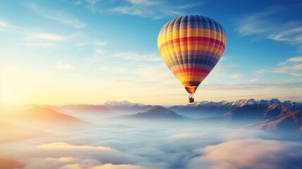 Fototapeta premium A colorful hot air balloon floats above cloud-covered mountains during a breathtaking sunrise.