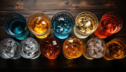 Whiskey glass on bar table, illuminated by bright blue light generated by AI