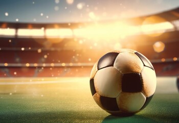 Fototapeta premium Soccer ball on a green field with stadium and sunlight backdrop.