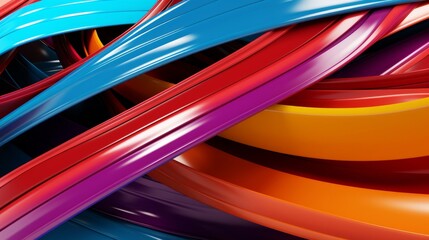 Vibrant abstract with swirling colorful ribbons against a dark background.