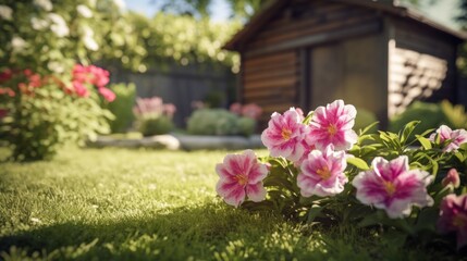 Lush pink azaleas bloom vibrantly in a well-kept garden, with a blurred background emphasizing the flowers' beauty.