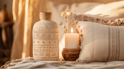 Fototapeta na wymiar Warm home setting with a decorative vase and lit candle on a cozy blanket, evoking comfort and relaxation.