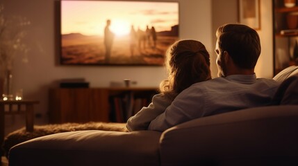 Happy couple back view watching tv