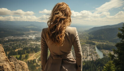 Naklejka premium A successful businesswoman standing in nature, looking at mountain peak generated by AI