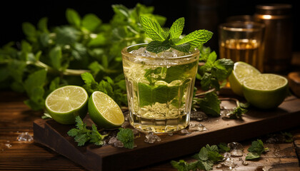 Fresh mojito cocktail with lime, mint leaf, and ice generated by AI