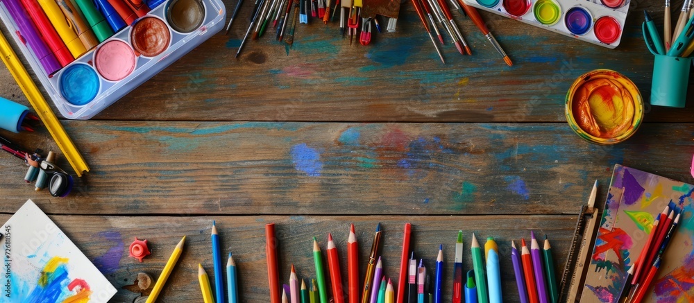 Canvas Prints Bird's-eye view of arrangement of school supplies in student art group.