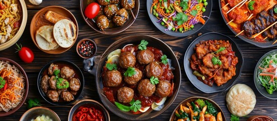 Belgian meatball in tomato sauce and a variety of traditional Asian dishes viewed from the top.
