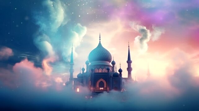 Mosque scene in cloudy heaven, animated virtual repeating seamless 4k