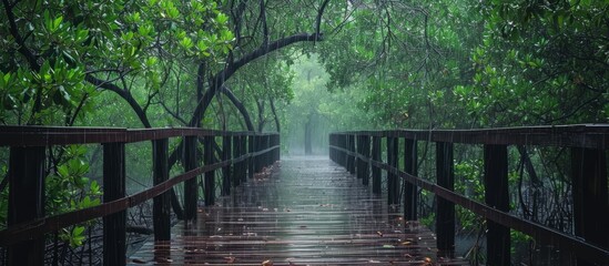 Rainy day in a mangrove forest with an aged wooden walkway bridge.